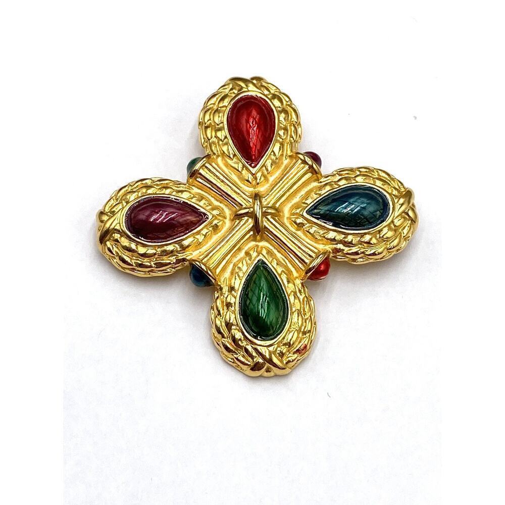 LIZ CLAIBORNE Vintage 1990's Multicolored Maltese Cross Brooch Gold Tone